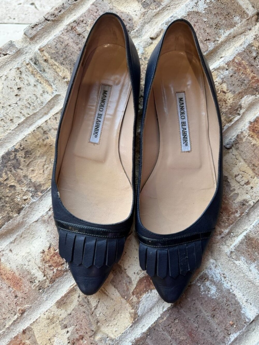 Manolo Blahnik Fringed Leather Loafers Leather soles size IT 37 US 7 dark blue